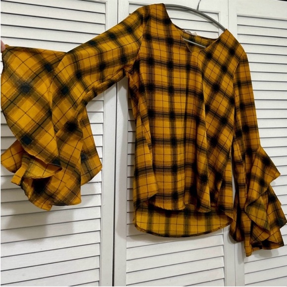 Altar'd State Long Sleeve Top, Mustard Yellow & Black Plaid Ruffle Blouse, Small - Picture 2 of 9